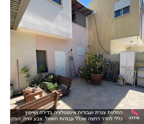 סולם מתכת ליד קיר חיצוני עם צמחייה